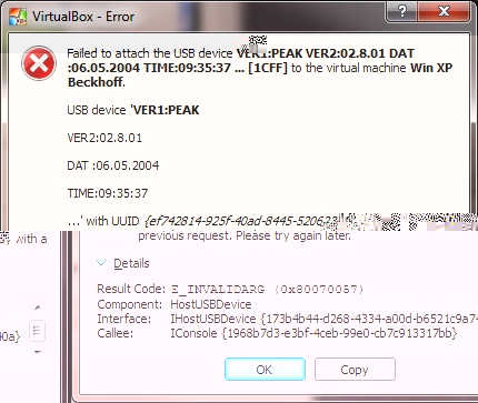 Screenshot of Virtualbox error window when mounting PCAN USB device