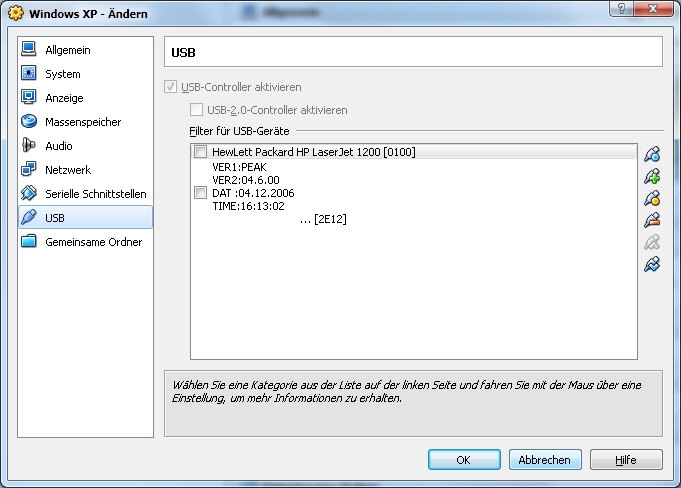VirtualBox USB-controller settings